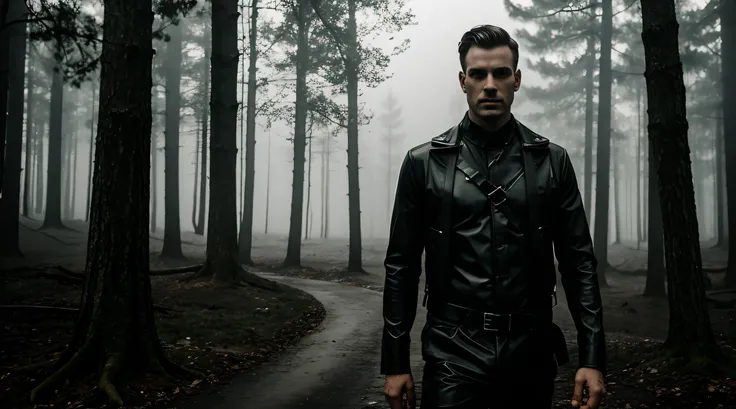 forest, tress, dark vibes, fog, night, spooky techno men, leather harness, no shirt