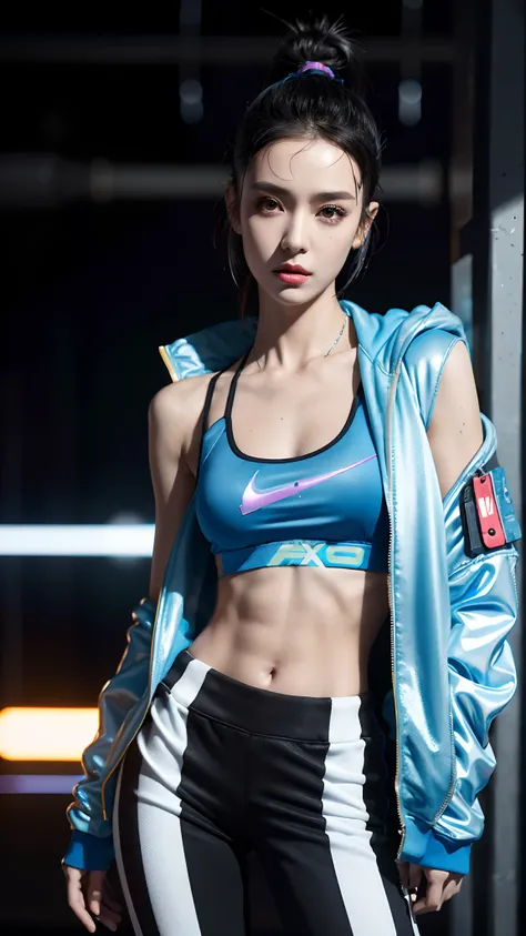 sports bra blue, sports jacket, sport pants , ( cyberpunk environment:1.2),makeup,, (1 girl:1.4),best quality, masterpiece, (realistic:1.2), young woman, a lady, detailed face, detailed eyes, detailed hair, detailed skin,look at viewer, dramatic, vibrant, ...