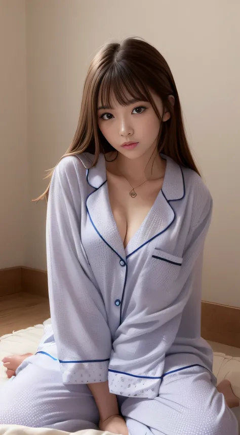 hightquality、​masterpiece、ultra res、a beauty girl、Beautiful girl face、cute girl face、s Pajamas、wearing pajamas、full bodyesbian、Famous actresses of Japan、very beautiful face、chest、A sexy