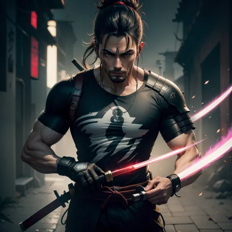 Cyberpunk samurai holding futuristic katana sword wearing a t shirt with printing text "SUMAN" 4k ultra hd realistic