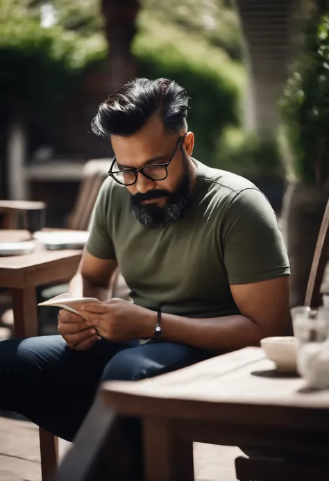 Portrait of a 40-year-old malay father with thick, styled hair, trimmed beard, hair combed back, glasses, black long sleeves t-shirt, reading a book while smoking a cigarette outside on a patio on a sunny day.