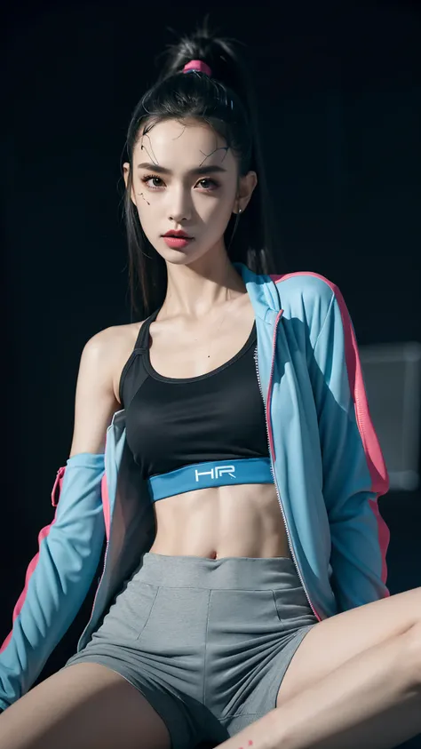 sports bra blue, sports jacket, sport pants , ( cyberpunk environment:1.2),makeup,, (1 girl:1.4),best quality, masterpiece, (realistic:1.2), young woman, a lady, detailed face, detailed eyes, detailed hair, detailed skin,look at viewer, dramatic, vibrant, ...