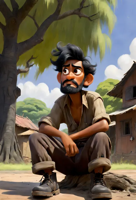 (disney pixar style:1.1), full body shot, a painting of a lazy villager, narayana prabakala, looking up, disheveled black hair, ...