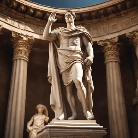 Roman Emperor Julius Caesar, saluting, statue of Roman God Mars, ancient Roman setting, marble texture, detailed facial expression, flowing robes, historical accuracy, breathtaking background scenery, majestic architecture, sunlight casting dramatic shadow...