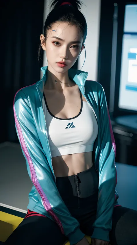 sports bra blue, sports jacket, sport pants , ( cyberpunk environment:1.2),makeup,, (1 girl:1.4),best quality, masterpiece, (realistic:1.2), young woman, a lady, detailed face, detailed eyes, detailed hair, detailed skin,look at viewer, dramatic, vibrant, ...