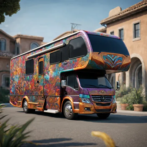 (best quality,4k,8k,highres,masterpiece:1.2),ultra-detailed,realistic,vehicle, RV, extravagant, celebration, detailed interior, intricate design, graffiti art, luxury, vibrant colors, stylish exterior.