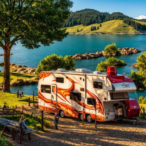 An RV with a unique exterior, intricate details, eccentric graffiti, outdoors, camping, quirky appearance, (best quality, 4k, highres, masterpiece:1.2), ultra-detailed, (realistic, photorealistic, photo-realistic:1.37), vivid colors, bokeh, portraiture, la...