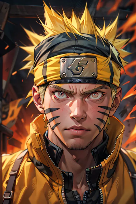 Naruto a boy, Naruto uzumaki, Create a mascular Naruto uzumaki avatar, a close badass look. Inspired by Naruto uzumaki from Naruto, photo (photorealism) (realistic) (ultra HD) (8k wallpaper) (fine details) (extreme details on face)