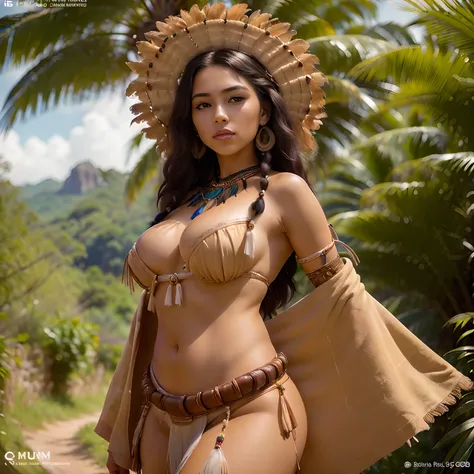 Photo brute, (Une photo portrait de femme noire de 30 ans:1.2), Standing in a rainforest,  pochette ceinture avec fleurs, (seins gigantesques:1.2), clivage, (Seductive:1.1), leaf earrings, collier de feuilles, leather clothing, Jupe longue fendue, Bracelet...