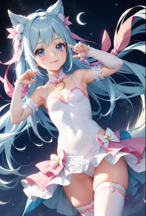 Super Idol　Little Beautiful Girl　A charming smile　sky blue hair　length hair　Twin-tailed　Bright pink and white leotard outfit　White panty　Mystical　Fantasia　constellation　a moon　Crystal Brilliance　Aurora Borealis in the Night Sky