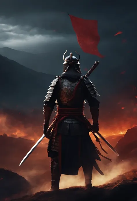 Create a realistic digital illustration that depicts a samurai wearing full black armor, dating back to the year 1579 in ancient Japan, Positioned head-on on a battlefield during an epic showdown. A imagem deve destacar o samurai, com sua espada brilhando ...