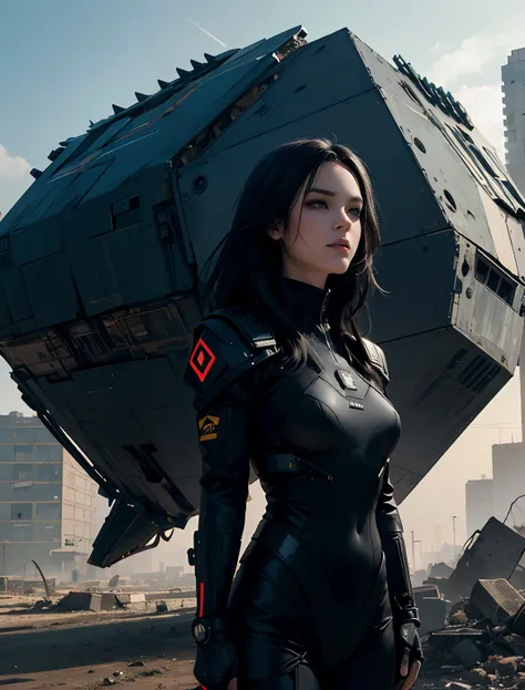 Beautuful Women. He has black hair that reaches down to his back. She is clad in a black combat suit. Stand in front of a little woman, Hexagonal spaceship. The spacecraft landed in a city that turned into a pile of rubble. The spaceship is black. 8K image...