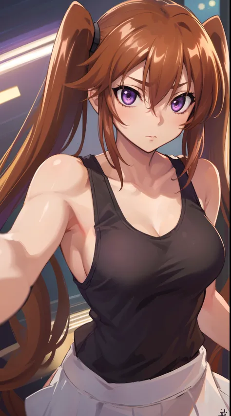 (best quality, master-piece:1.2), long brown hair, purple eyes, (ultra-detailed eyes), twintails, beautiful, Shidou Irina, medium breasts, standing, (((upper body))), (((tank top))), ((close-up)), perfect anatomy, (sleeveless), (healthy skin), cinematic li...