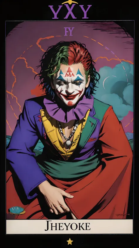 the joker tarot card heyoka - sacred clown, indigenous wisdom, trickster archetype, colorful attire, playful expression, spiritu...