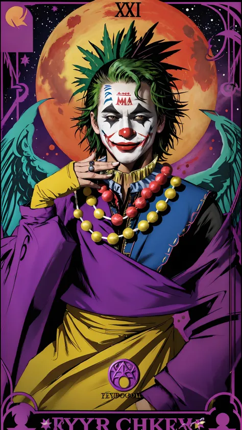 the joker tarot card heyoka - sacred clown, indigenous wisdom, trickster archetype, colorful attire, playful expression, spiritu...