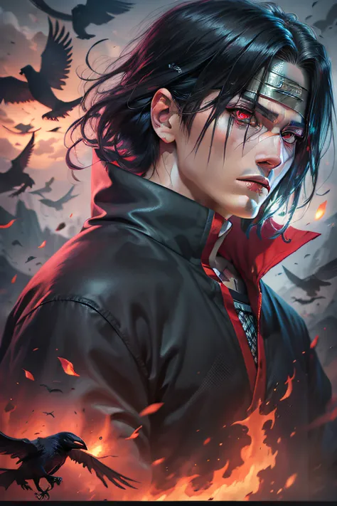 Itachi Uchiha, darkness envelops him, flaming Sharingan eyes, a raven by his side, hidden powers awaken, black flames consuming everything, an 8k vision revealing all the dark details.