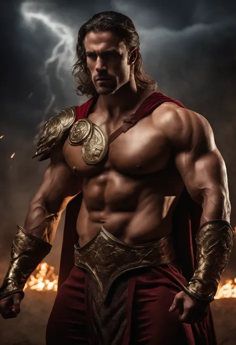 (bodybuilder, greek god, epic dramatic scene, chaotic background, hyper realistic, 4k), muscular physique, chiseled abs, bulging veins, intense and focused expression, gladiator-like armor, flowing cape, powerful pose, divine aura, golden halo, thunder and...