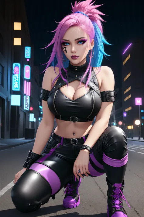 beautiful girl, full body, short bright blue and magenta streaked dishevelled hair, large blue piercing eyes, black eyeshadow, (street style wear:1.2), ((tight fitted pants)), ((knee high leather boots)), (city night background:1.2), dark makeup, digital a...