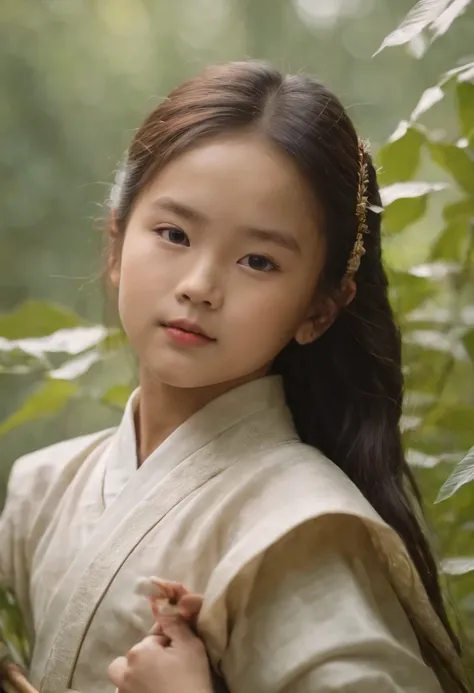 A Chinese 8-year-old girl，ancient wind，Martial arts style，bamboo forrest，The sword，A gentle breeze ruffles the hair，autumnal，falling leaf