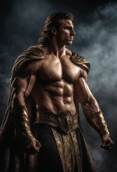 (bodybuilder, greek god, epic dramatic scene, chaotic background, hyper realistic, 4k), muscular physique, chiseled abs, bulging veins, intense and focused expression, gladiator-like armor, flowing cape, powerful pose, divine aura, golden halo, thunder and...