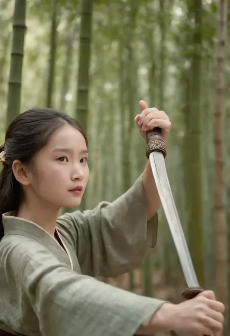 A Chinese 8-year-old girl，ancient wind，Martial arts style，bamboo forrest，The sword，A gentle breeze ruffles the hair，autumnal，falling leaf，Dance the sword，sword fighting，in a panoramic view，SENSE OF CINEMA，k hd，Delicate facial features