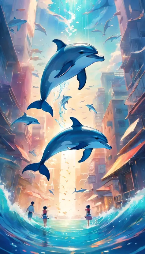 Drawing of dolphins swimming in colorful sea, Look up at the composition, Whales with living water from the sky, inspired by Cyril Rolando, a beautiful artwork illustration, Authors：Sitao, colorful concept art, Makoto Shinkai Siriro Roland, in style of cyr...