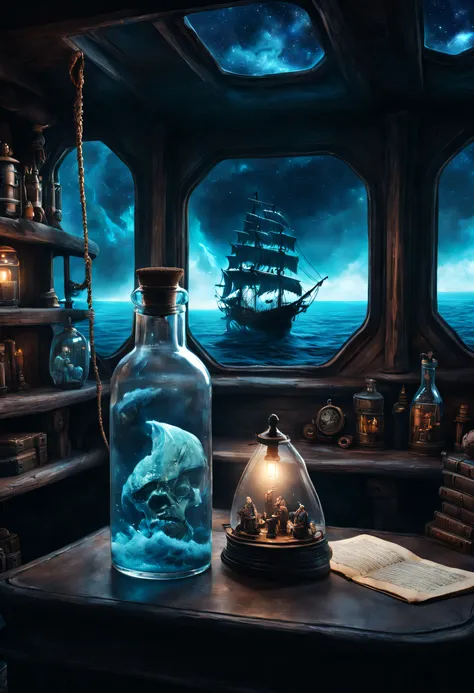 There is a glass bottle on the side，Inside is a translucent blue nebula of the sea and a majestic pirate ship, Ethereal, Cinematic, The light from the back window is backlighted, Creepy art station trends, Ultra detailed, Matte painting, Photo, Import the ...