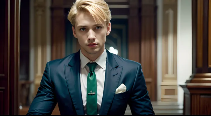 Loid Forger, handsome man, short hair, blond hair, blue eyes, light skin, slim, athletic build, 29 years old, wears a light green three-piece suit, ((red tie)), solo, no facial hair, upper body,