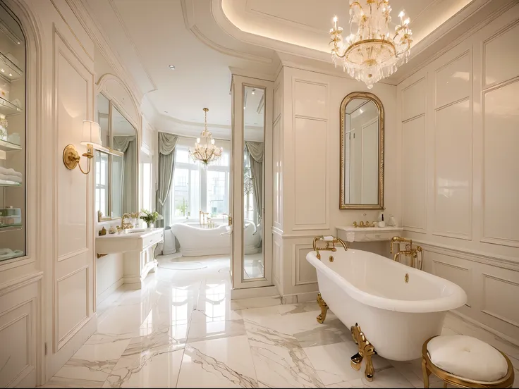 it is a chic and luxurious bathroom space。the marble floor exudes a fresh fragrance，the mosaic pattern on the wall constitutes a...