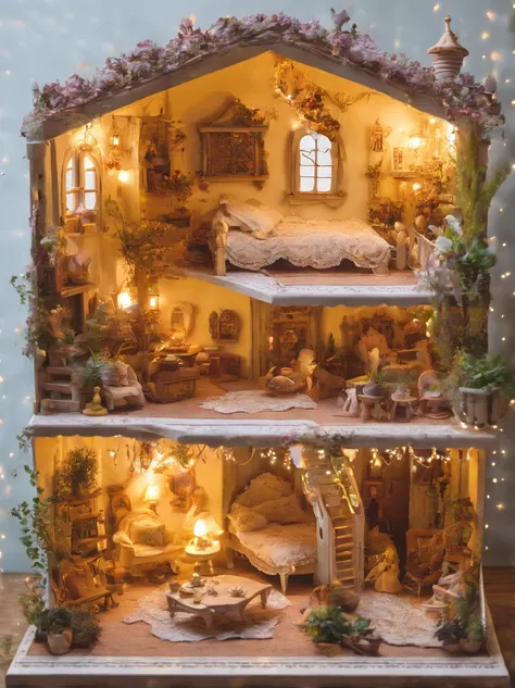 Insanely detailed dollhouse, cozy bedroom, cute 3 d render, Eye-catching lights and shadows, White and yellow pillows, architechture, Furniture, Indoors, building, living room, Room, rug, Plants, Home decoration, Sofa, chair, INTERIOR DESIGN