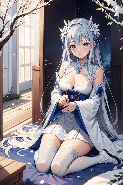 saints，seductiv，having fun，Being in love，(Western magic white dress)，silber hair，eBlue eyes，Suitable transparent clothing，Decoration of saints，Sky blue cloth，Snowflake pattern，Sky blue pattern，Snowy nights，Transparent lace，exquisite costumes，solo person，Ja...