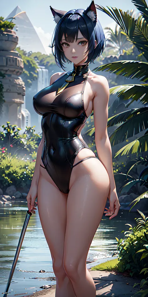 american shot, Professional anime art, anime, cat woman 19 years old very beautiful, Cat ears, ((Short blue hair, bangs, very short white dress)), Very strong rising wind, (Looking at the viewer: 1.1), ( (Egypt style, pharaoh, 50% Very short and realistic ...