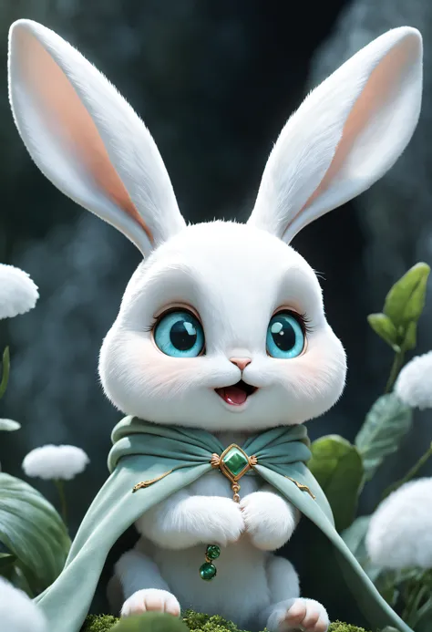 Wonderland-like scenery,Anthropomorphic super cute white fairy baby rabbit, Hold the jade as you wish, Fly, Wear an elegant cloak, A sweet smile, White fur, Bright big eyes, And fluffy tails, Clouds float gently, Extremely detailed 3D animations, Super rea...