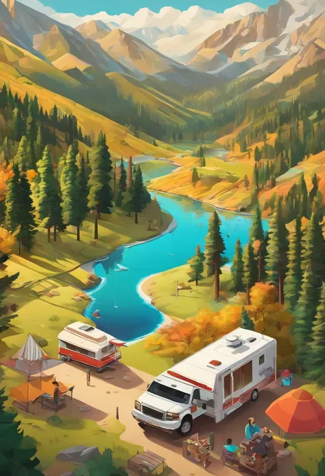 RV camping，Pop art，Albert Bierstadt，Great outdoor activities，Close-up shot，prime time，