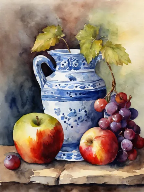 Still life with a jug, Apples, Grapes