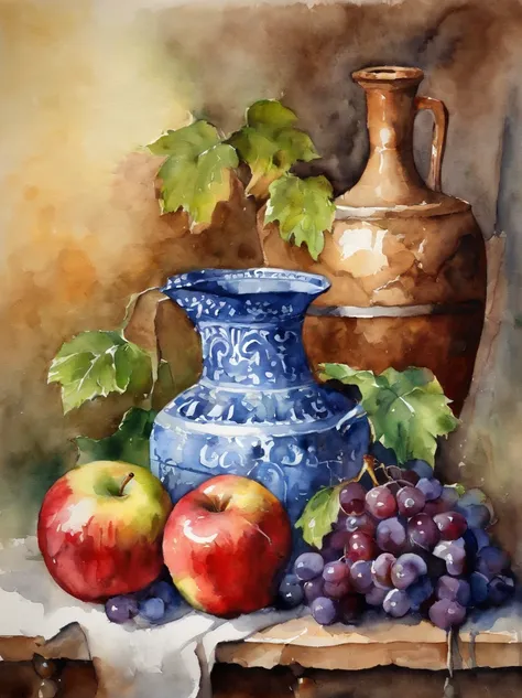 Still life with a jug, Apples, Grapes