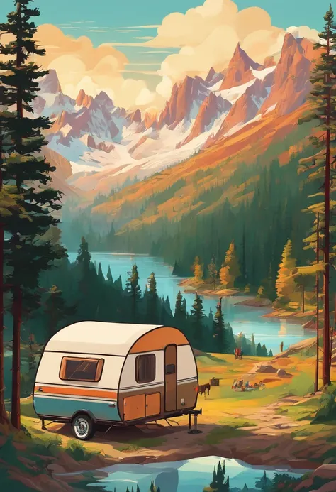 RV camping，Pop art，Albert Bierstadt，Great outdoor activities，Close-up shot，prime time，