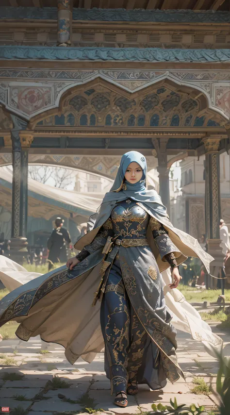 a beautiful woman, wearing cape hijab, whole body covered by battle armor, standyng on the flower garden in front yard of a mosque, holding sword, chest armor accessories, elegant style pose, kpop idol face, perfect face, perfect body, big chests,