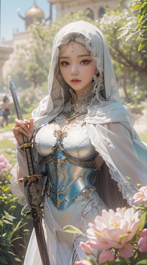 a beautiful woman, wearing cape hijab, whole body covered by battle armor, standyng on the flower garden in front yard of a mosque, holding sword, chest armor accessories, elegant style pose, kpop idol face, perfect face, perfect body, big chests,