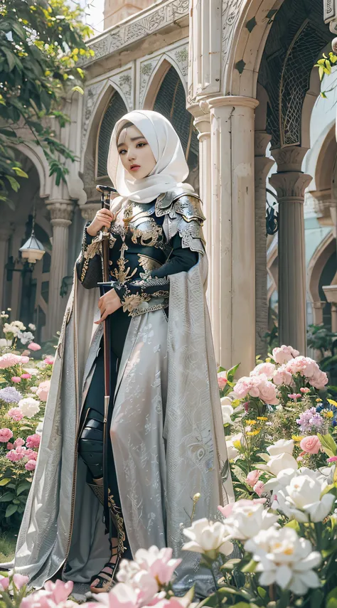 a beautiful woman, wearing cape hijab, whole body covered by battle armor, standyng on the flower garden in front yard of a mosque, holding sword, chest armor accessories, elegant style pose, kpop idol face, perfect face, perfect body, big chests,