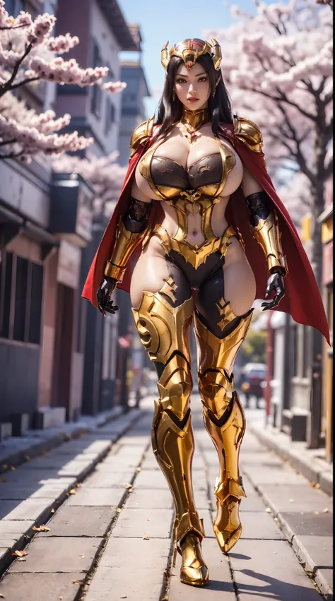 1GIRL, SOLO, (ssmile, makeup, beautifull eyes, red libs), (gold dragon helmet:1.4), (BIG BUTTOCKS, HUGE BOOBS:1.4), (DRAGON GUARD ARM, GLOVES), (red, black), (MECHA CYBER SHINY ARMOR SUIT, ROYAL CAPE, CLEAVAGE, SKINTIGHT HOTPANTS, HIGH HEELS:1.4), (MUSCULA...