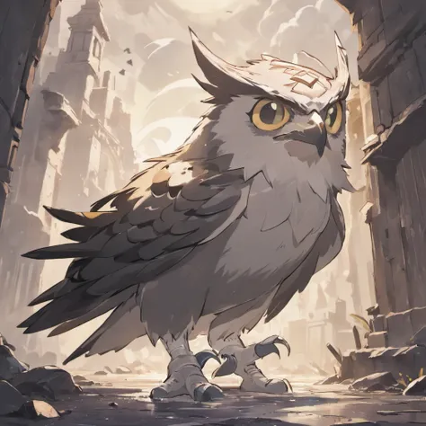 A monster bird digimon, giant owl, giant crow, garudamon, Aztec culture, Mayan culture, moon, lunas, anime, cartoon,"dark and gloomy","Abandoned city", broken glass shards, decaying buildings,"threatening clouds" ,"rusty metal",empty streets,Faded graffiti...