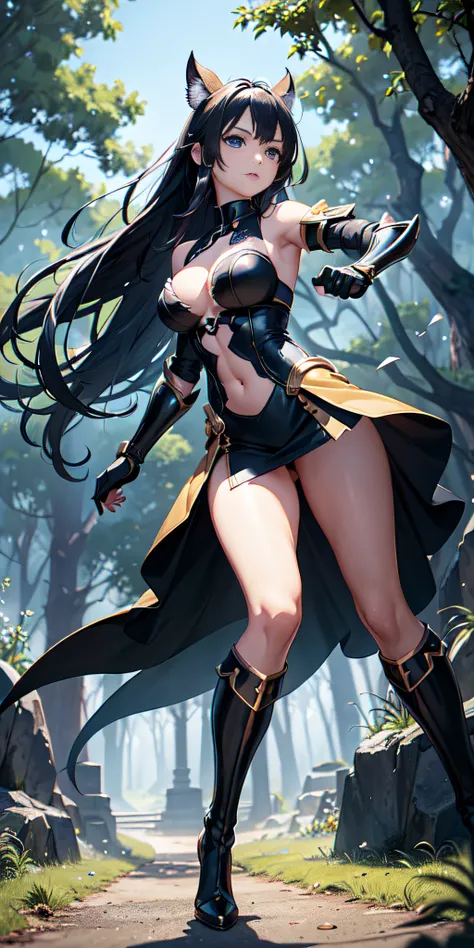 View from below
 and full body, (masterpiece, best quality), (dramatic), brave, intense, anime character, dynamic fighting pose, only 1 girl, black hair, (hairstyle: tied), (50% with futuristic armor), armored gauntlets, with 30% transparent silk miniskirt...