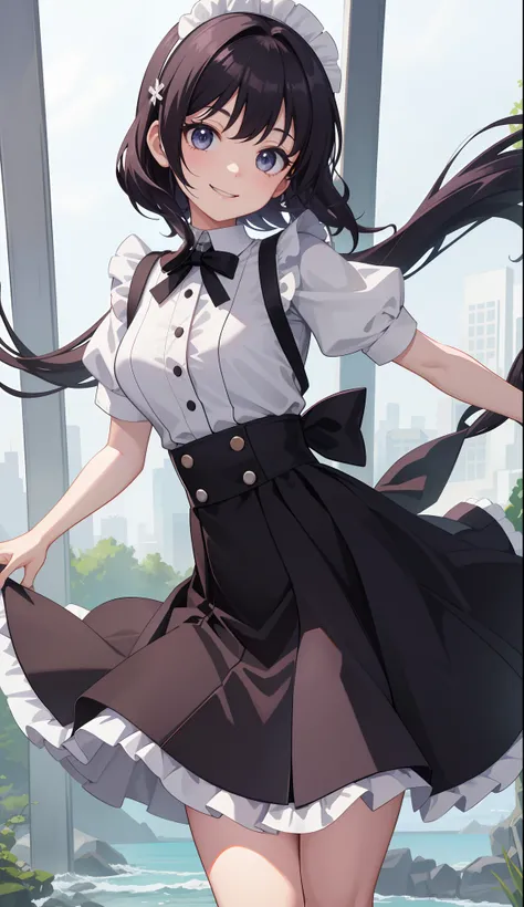 1girl in、AS-Adult、A smile、The shirt、skirt by the、（small tits）、doress、pinafore、Hair decoration、（Maid costume）、Walking with a thigh、Upper body portrait、movement、