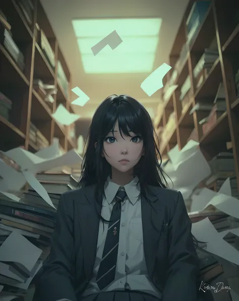 1 beautiful Korean girl, has black orange hair, beautiful eyes, sharp nose, small lips, looking at the viewer, beautiful, white skin, wearing a school uniform, blue and white striped tie, wearing a gray suit, library and book background, sitting, anime