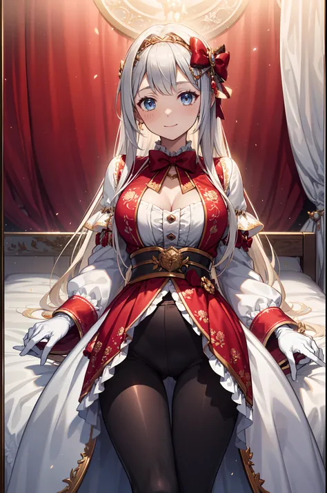 teens girl，seductiv，having fun，Being in love，(Girl wearing intricately embroidered black high-waisted pants with pantyhose)，(White ruffled bow gloves)，whaite hair，eBlue eyes，Suitable transparent clothing，Sacred headdress，Transparent lace，exquisite costumes...