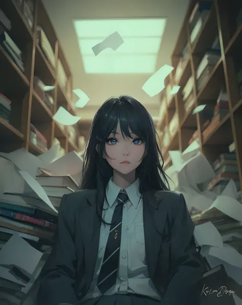 1 beautiful Korean girl, has black orange hair, beautiful eyes, sharp nose, small lips, looking at the viewer, beautiful, white skin, wearing a school uniform, blue and white striped tie, wearing a gray suit, library and book background, sitting, anime