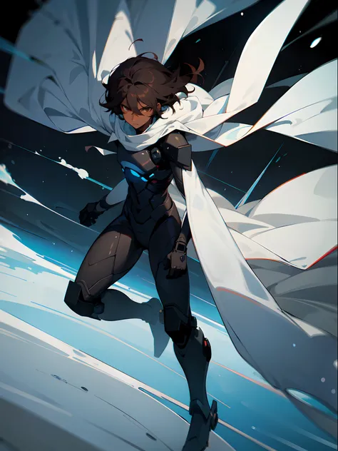 Masterpiece, highres, High quality, Dark skin teen, male, medium dark brown hair hair, big innocent eyes, wearing a black full body exosuit, six  long torn white scarfs, white cloaks, mediating while floating,