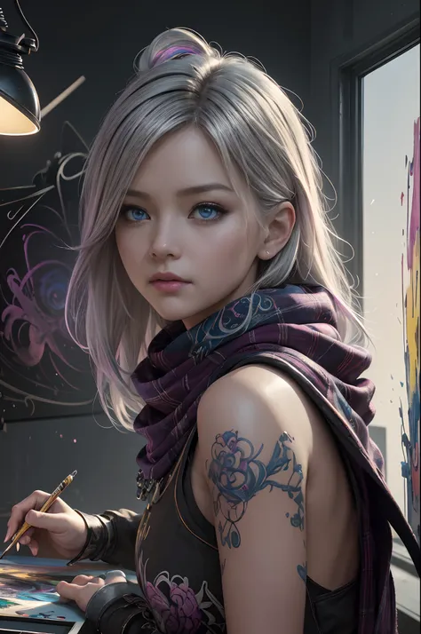 (dark shot:1.1)、Magnificent Real、Halo portrait、Lunette de soleil、blue eyess、Tartan Scarf、White hair by Ateigairan、by Greg Rutkowsky、greg tocchini、by james gilleard、joe fenton、Käthe Butcher、gradient yellow、brack、brown、Magenta color scheme、grunge aesthetic!!...