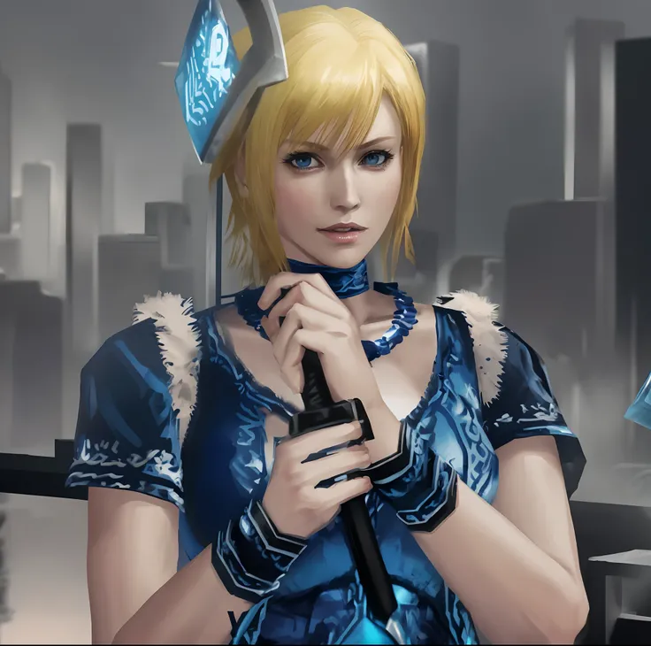 there is a woman in a blue dress holding a axe, blonde hair, as a character in tekken, glamorous jill valentine, video game cutscene, kusanagi, yayoi kasuma, natalie from epic battle fantasy, she is holding a axe, inspired by Leiko Ikemura,